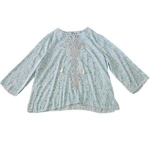 Chico's Embroidered Tunic Top Women Size 4 XXL Blue Tassel Floral Boho Blouse